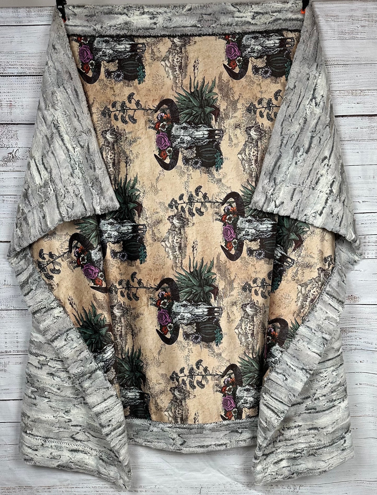 Western Americana Skull on Silver Fox Luxe Large 55x79 Minky Blanket