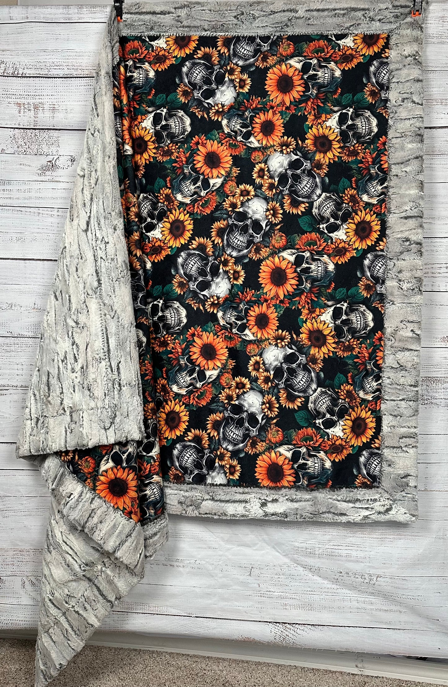 Skull Sunflowers on Silver Fox Luxe Large 54x79 Minky Blanket