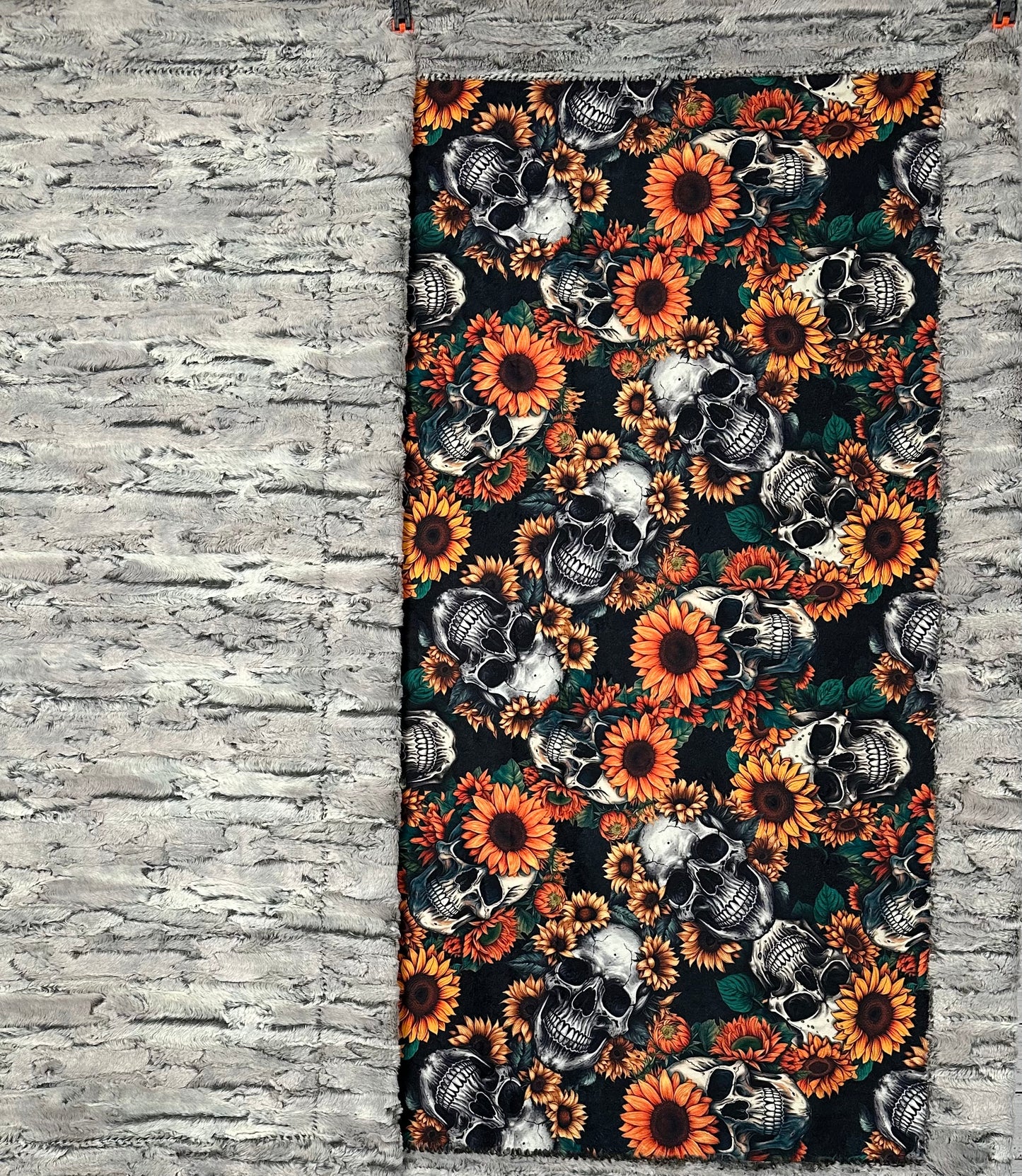 Skull Sunflowers on Silver Fox Luxe Large 54x79 Minky Blanket