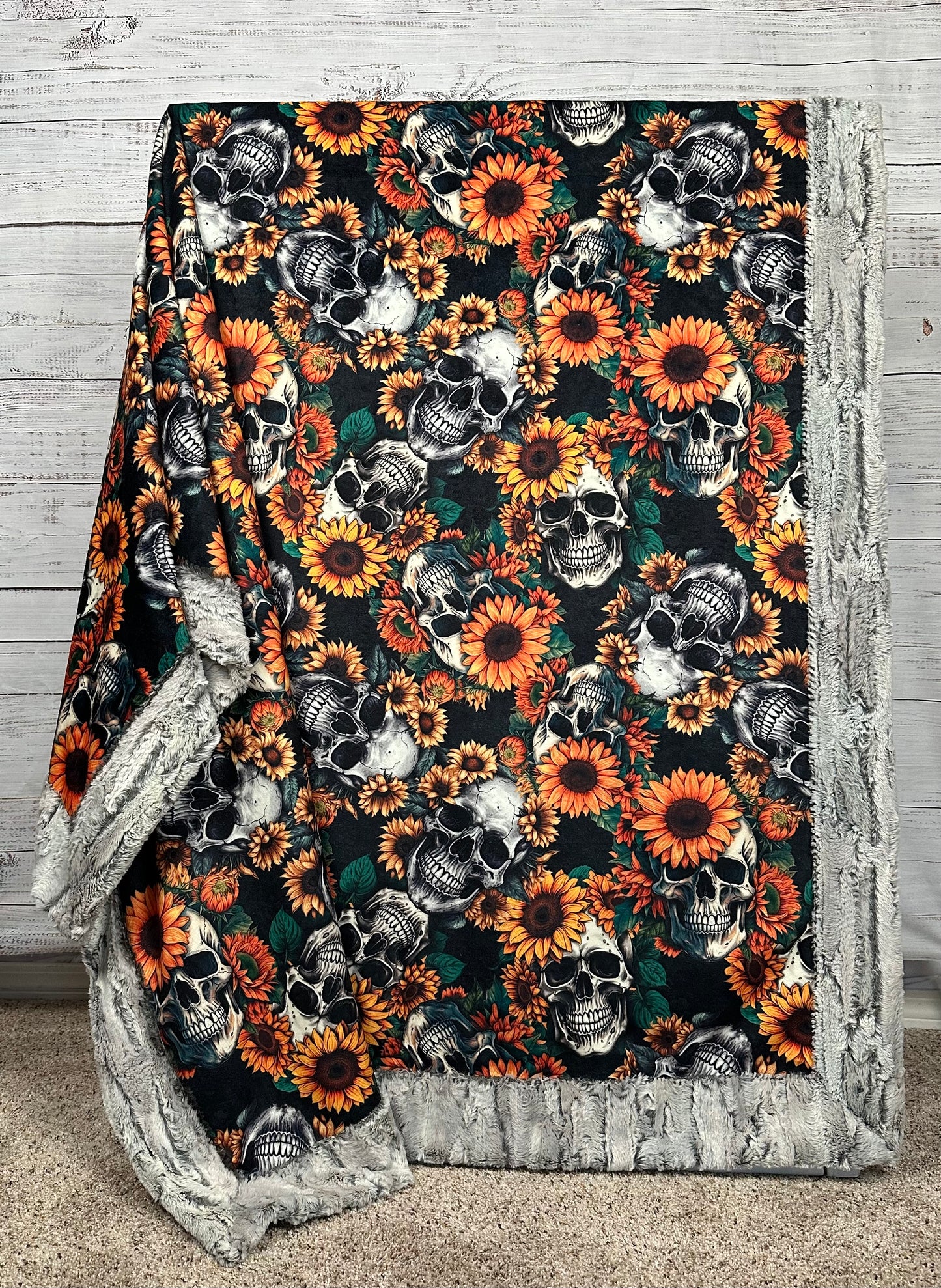 Skull Sunflowers on Silver Fox Luxe Large 54x79 Minky Blanket