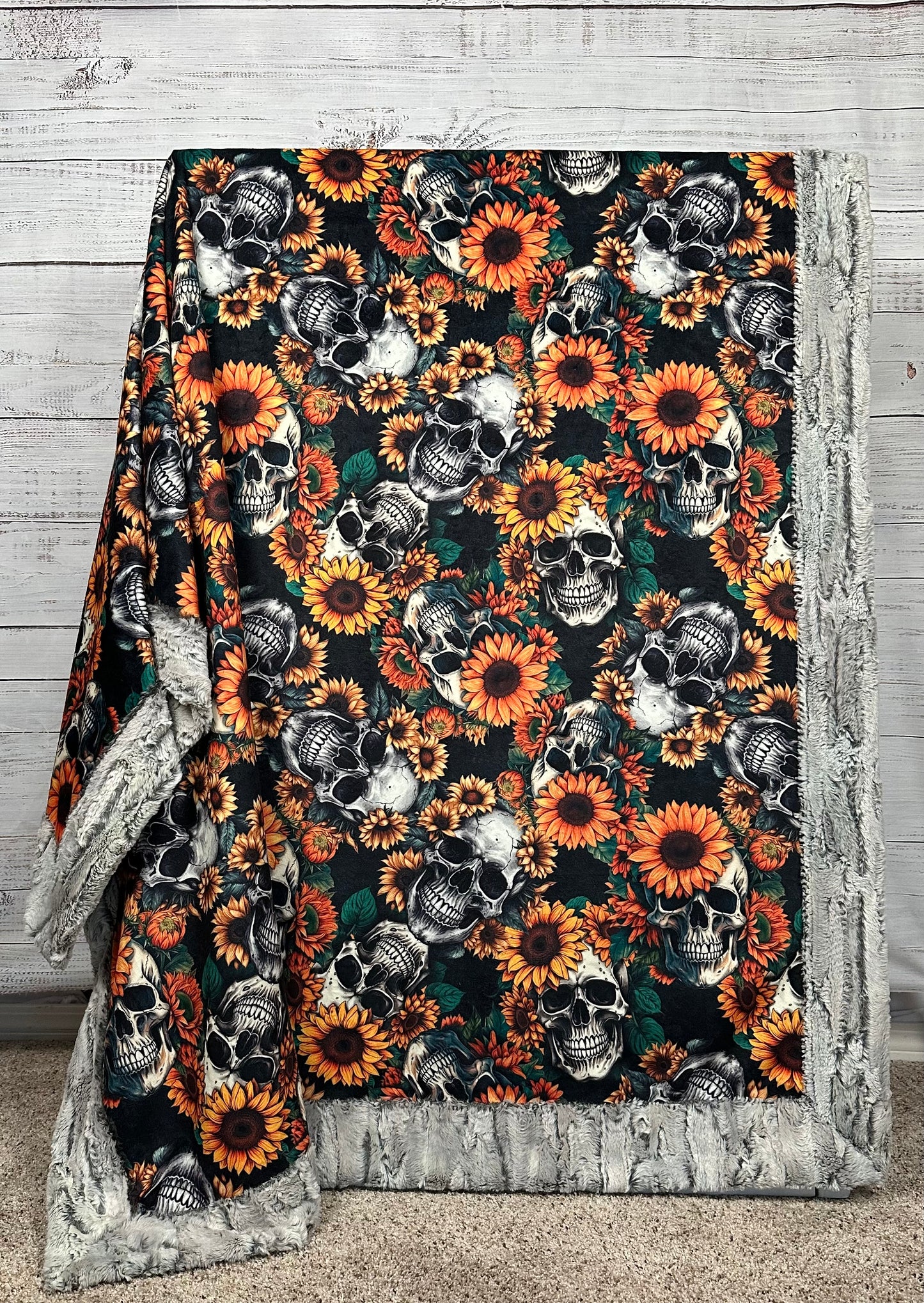 Skull Sunflowers on Silver Fox Luxe Large 54x79 Minky Blanket