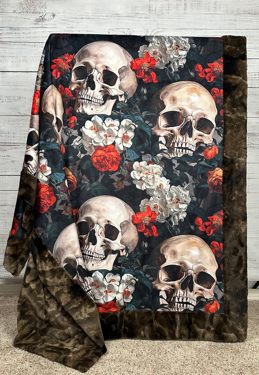 Blooming Skull Garden on Brown Luxe Large 55x79 Minky Blanket
