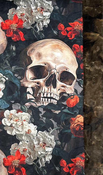 Blooming Skull Garden on Brown Luxe Large 55x79 Minky Blanket