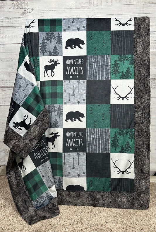 Adventure Awaits Green-Black-Gray Patchwork on Heather Gray Luxe Large 55x79 Minky Blanket