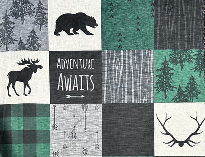 Adventure Awaits Green-Black-Gray Patchwork on Heather Gray Luxe Large 55x79 Minky Blanket