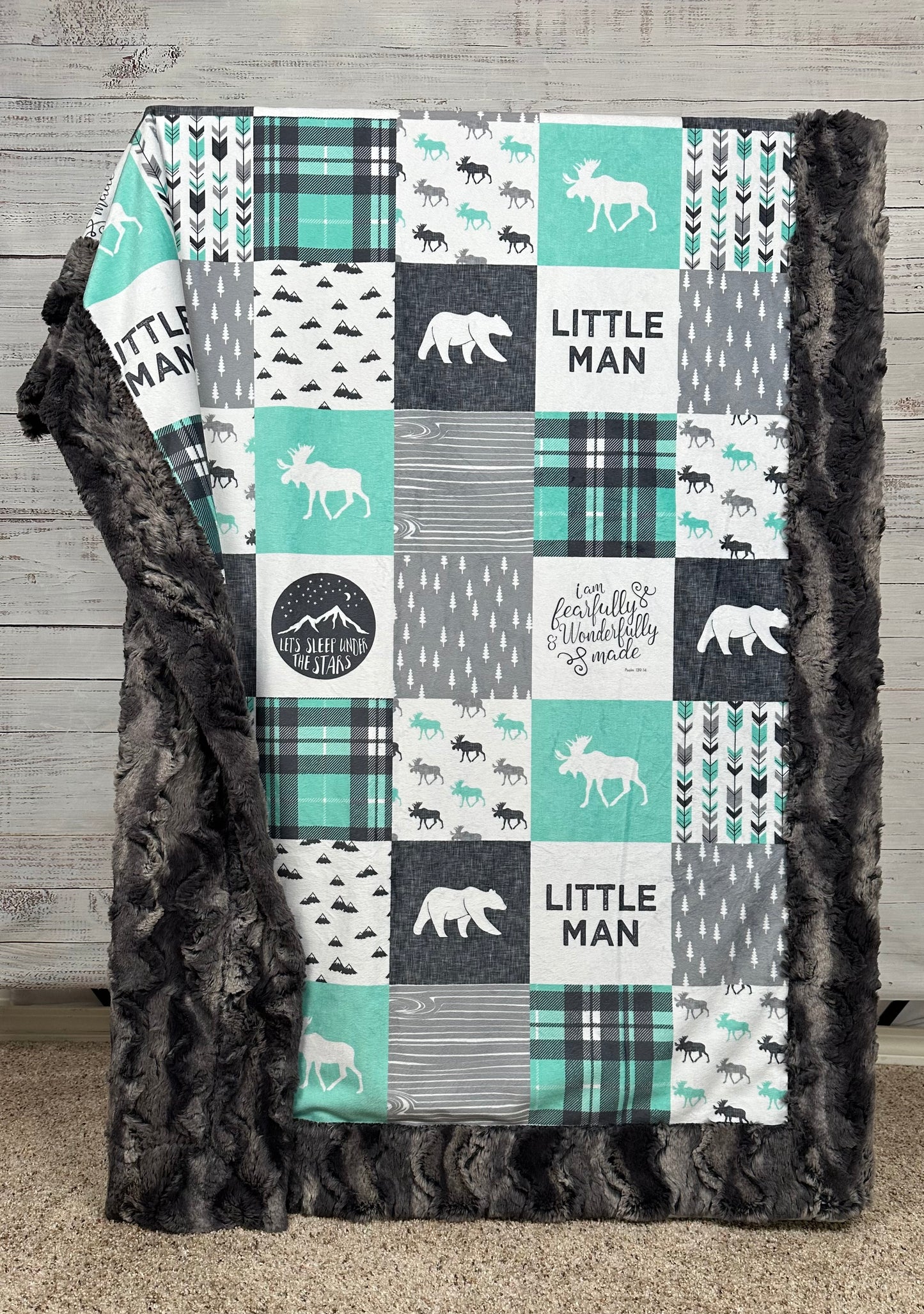 Let's Sleep Under the Stars Little Man Patchwork on Nine Iron Luxe with Pillowcase Child Size 40x60 Minky Blanket