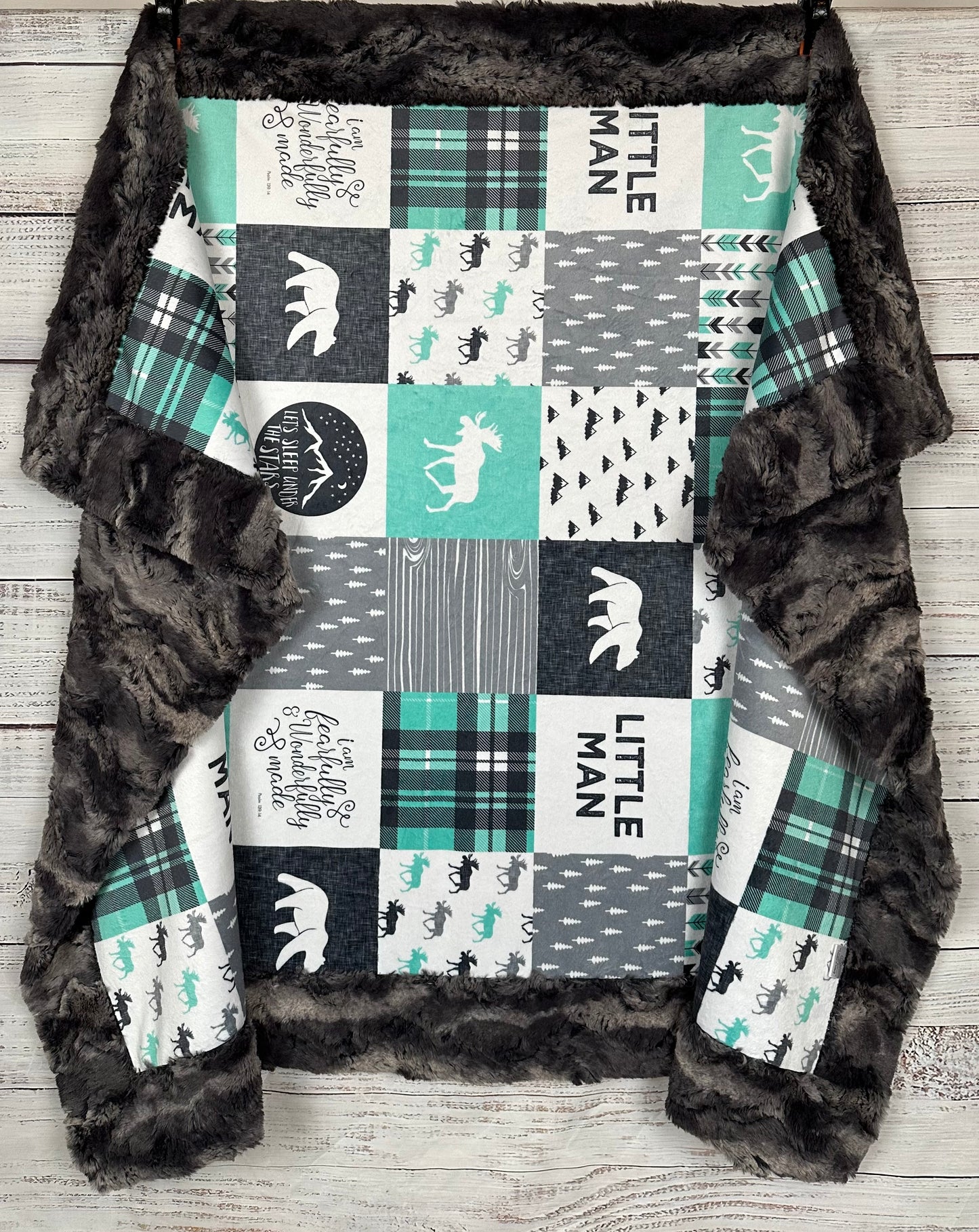 Let's Sleep Under the Stars Little Man Patchwork on Nine Iron Luxe with Pillowcase Child Size 40x60 Minky Blanket