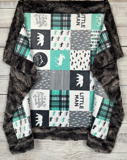 Let's Sleep Under the Stars Little Man Patchwork on Nine Iron Luxe with Pillowcase Child Size 40x60 Minky Blanket