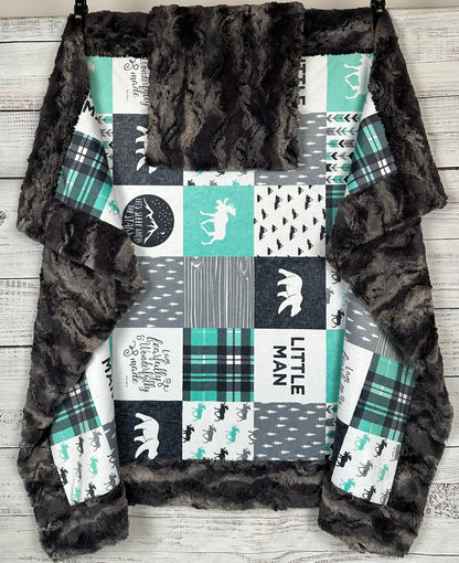 Let's Sleep Under the Stars Little Man Patchwork on Nine Iron Luxe with Pillowcase Child Size 40x60 Minky Blanket
