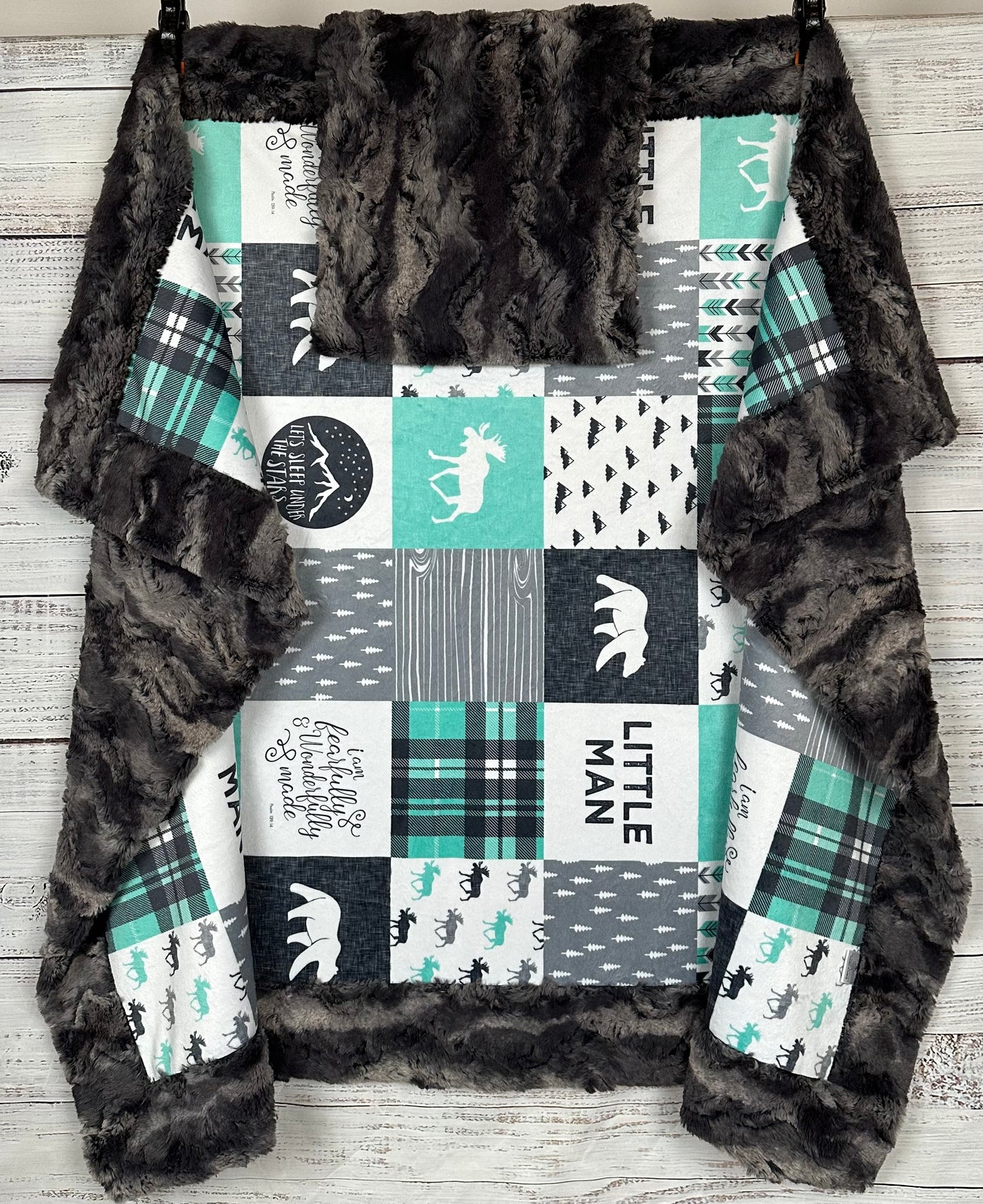 Let's Sleep Under the Stars Little Man Patchwork on Nine Iron Luxe with Pillowcase Child Size 40x60 Minky Blanket
