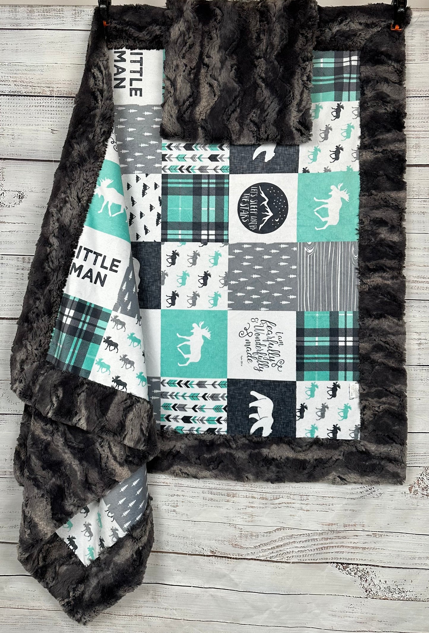 Let's Sleep Under the Stars Little Man Patchwork on Nine Iron Luxe with Pillowcase Child Size 40x60 Minky Blanket