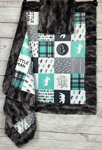 Let's Sleep Under the Stars Little Man Patchwork on Nine Iron Luxe with Pillowcase Child Size 40x60 Minky Blanket