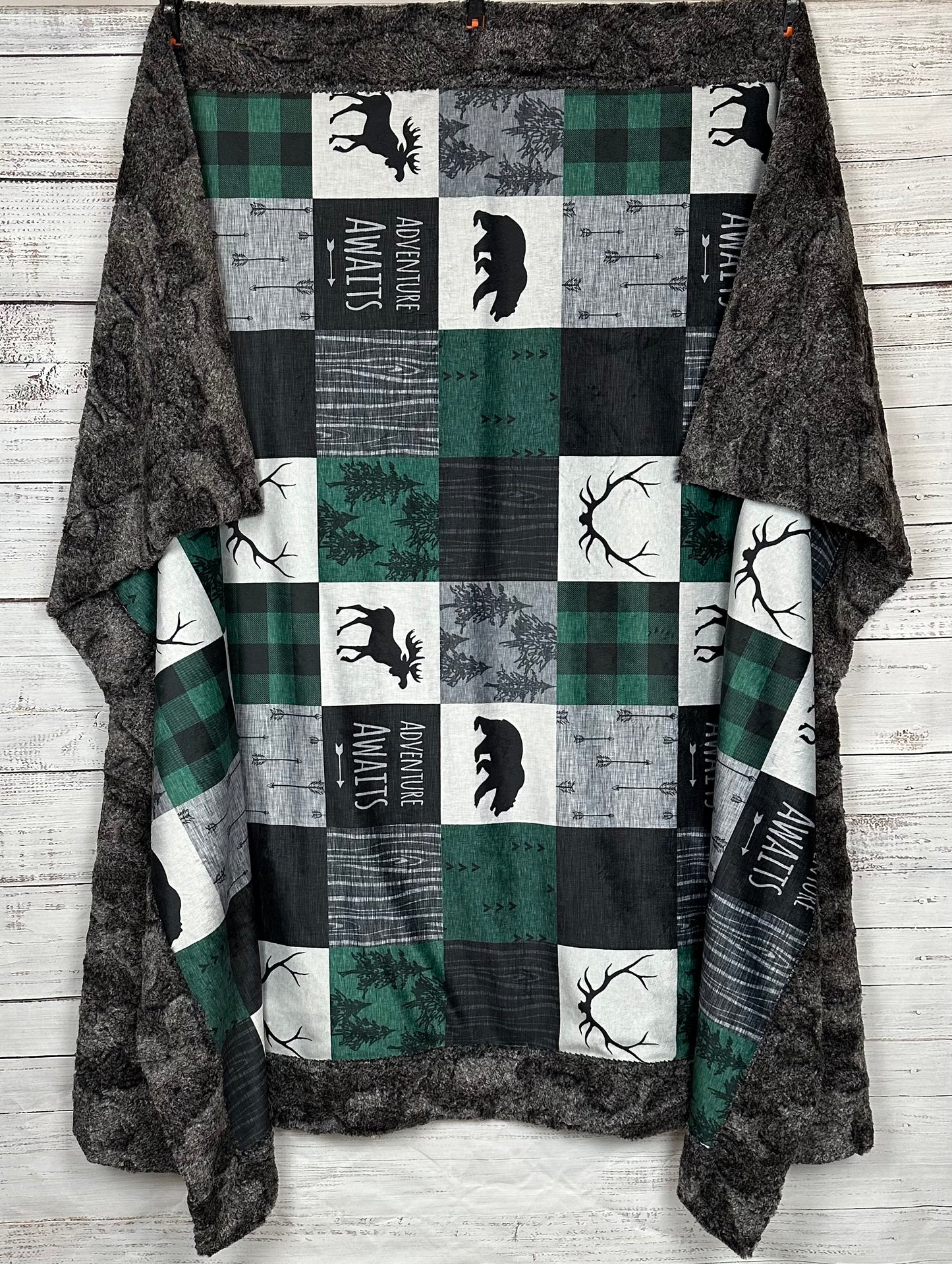 Adventure Awaits Green-Black-Gray Patchwork on Heather Gray Luxe Large 55x79 Minky Blanket