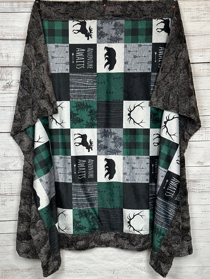 Adventure Awaits Green-Black-Gray Patchwork on Heather Gray Luxe Large 55x79 Minky Blanket