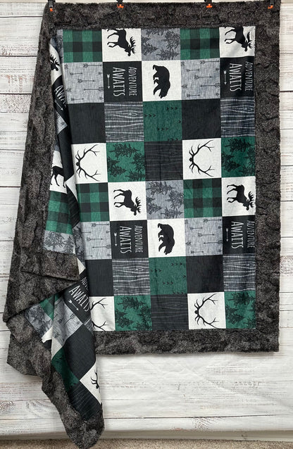 Adventure Awaits Green-Black-Gray Patchwork on Heather Gray Luxe Large 55x79 Minky Blanket