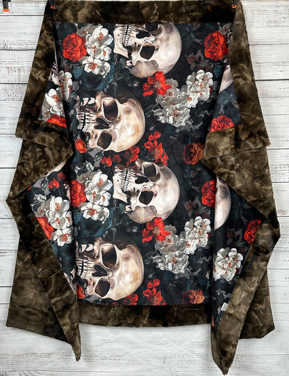 Blooming Skull Garden on Brown Luxe Large 55x79 Minky Blanket