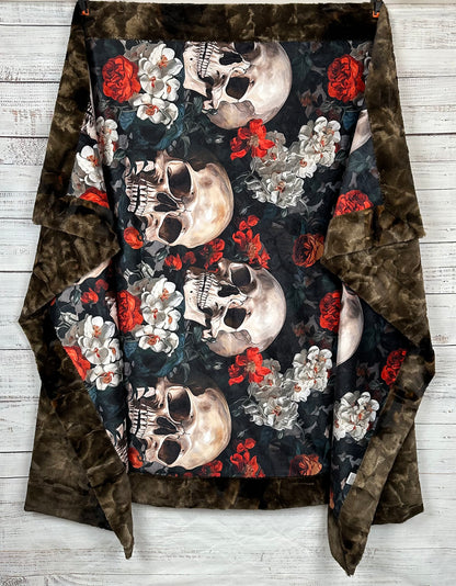 Blooming Skull Garden on Brown Luxe Large 55x79 Minky Blanket