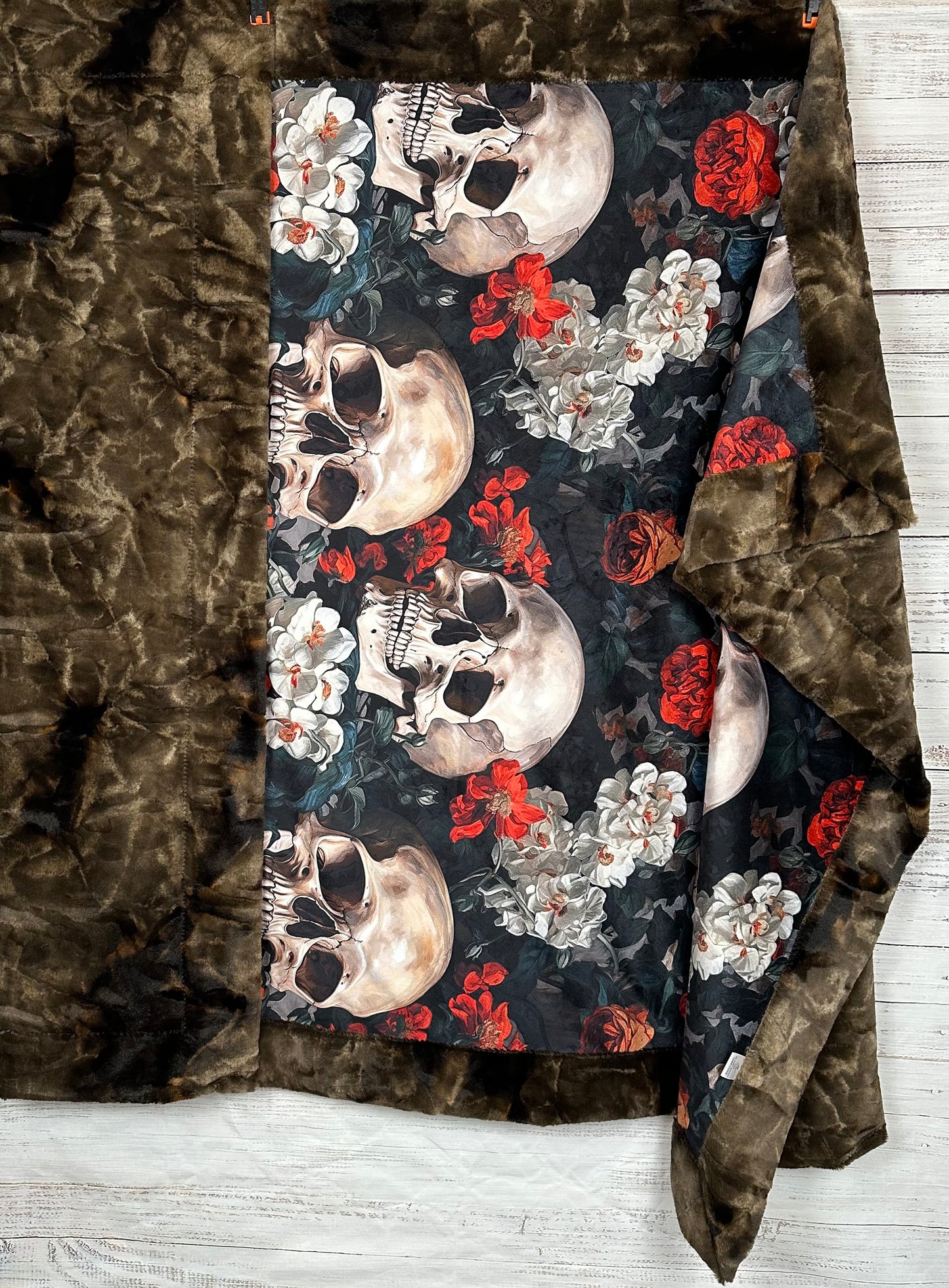Blooming Skull Garden on Brown Luxe Large 55x79 Minky Blanket