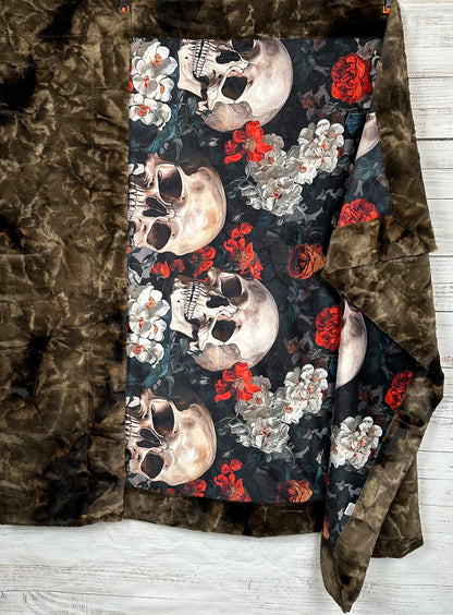 Blooming Skull Garden on Brown Luxe Large 55x79 Minky Blanket