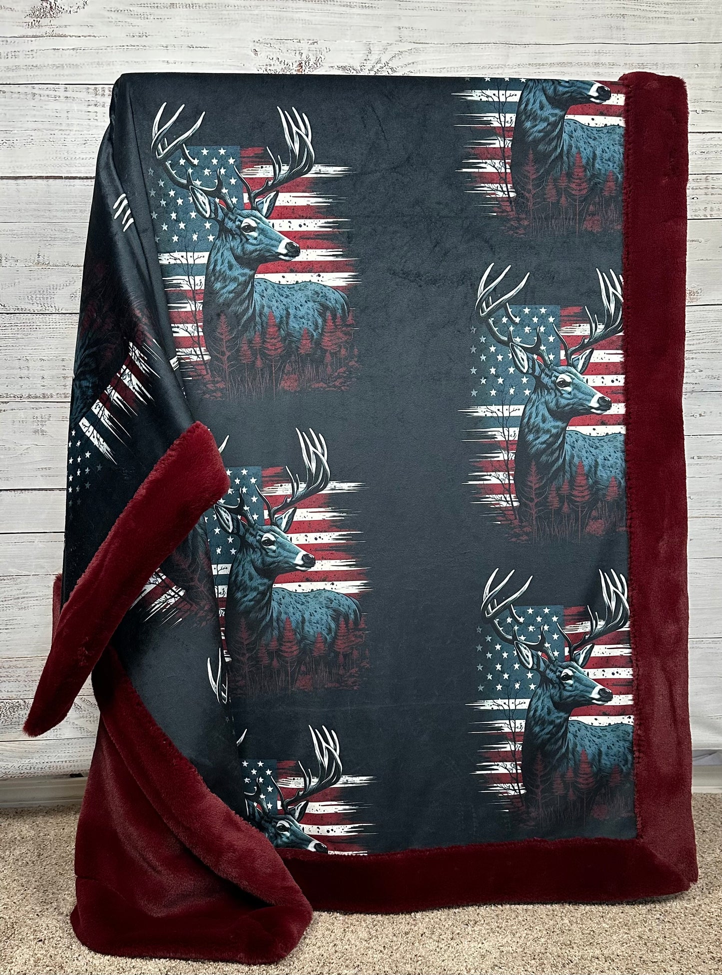 Deer and Flag on Merlot Luxe Large 55x79 Minky Blanket