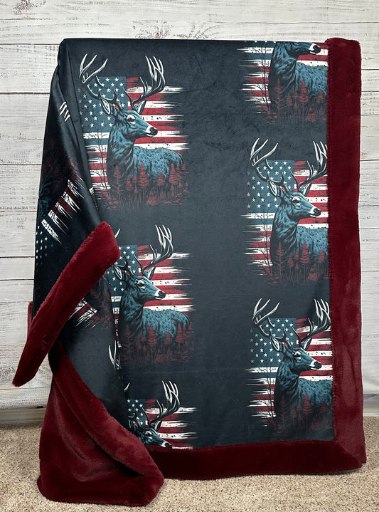 Deer and Flag on Merlot Luxe Large 55x79 Minky Blanket