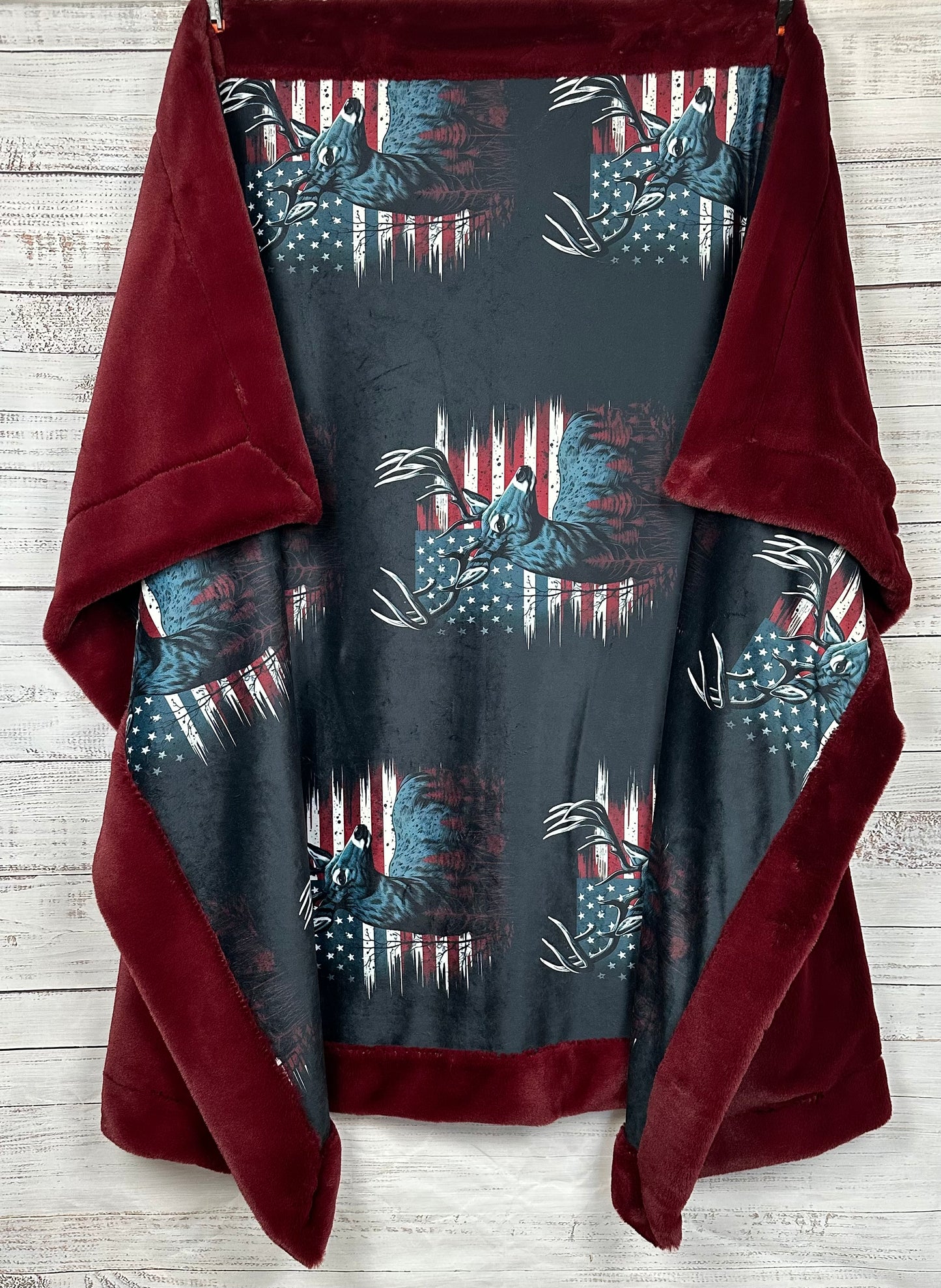 Deer and Flag on Merlot Luxe Large 55x79 Minky Blanket
