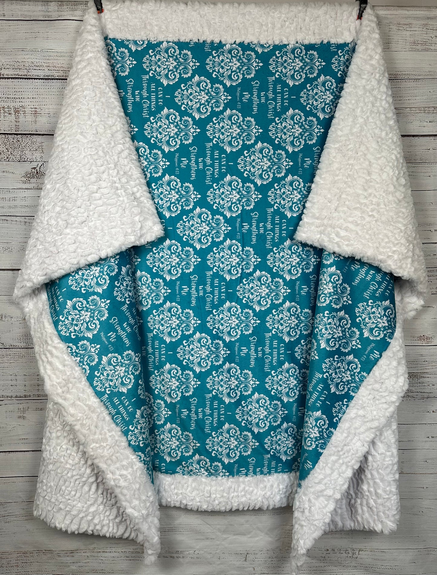 "I Can Do All Things Through Christ" on White Luxe Large 55x79 Minky Blanket