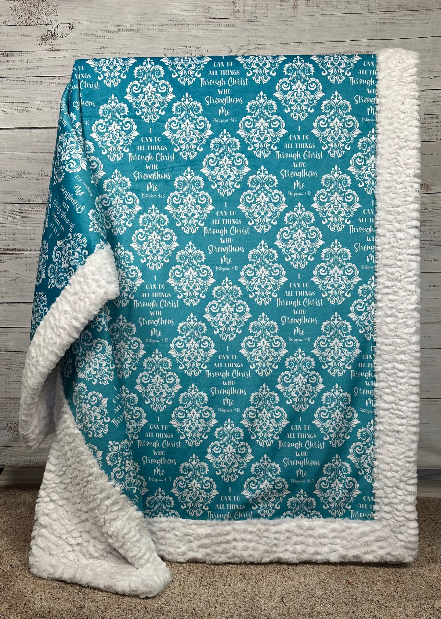 "I Can Do All Things Through Christ" on White Luxe Large 55x79 Minky Blanket