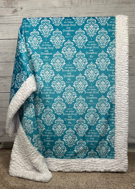 "I Can Do All Things Through Christ" on White Luxe Large 55x79 Minky Blanket