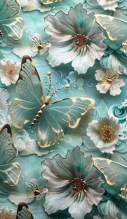 Golden 3-D Butterflies and Flowers on Mint Luxe Large 55x79 Minky Blanket