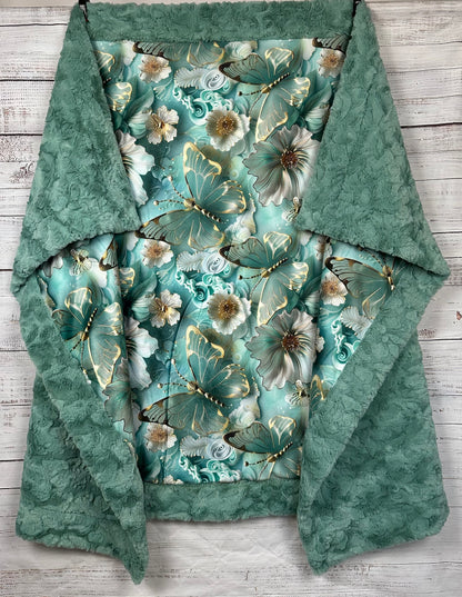 Golden 3-D Butterflies and Flowers on Mint Luxe Large 55x79 Minky Blanket