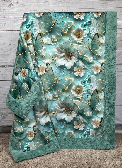 Golden 3-D Butterflies and Flowers on Mint Luxe Large 55x79 Minky Blanket