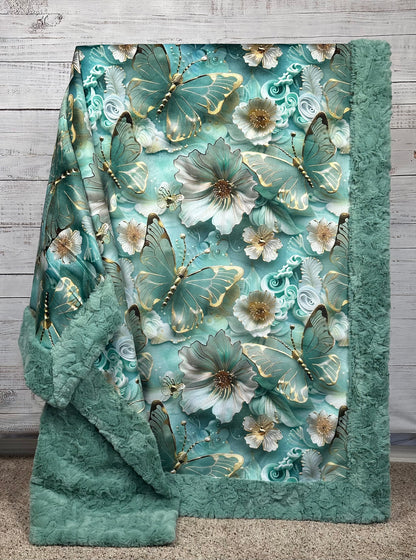 Golden 3-D Butterflies and Flowers on Mint Luxe Large 55x79 Minky Blanket