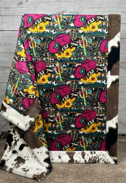 Cowgirl Pink Hat with Sunflower Cowhide on Pony Mudpie Luxe Large 55x79 Minky Blanket