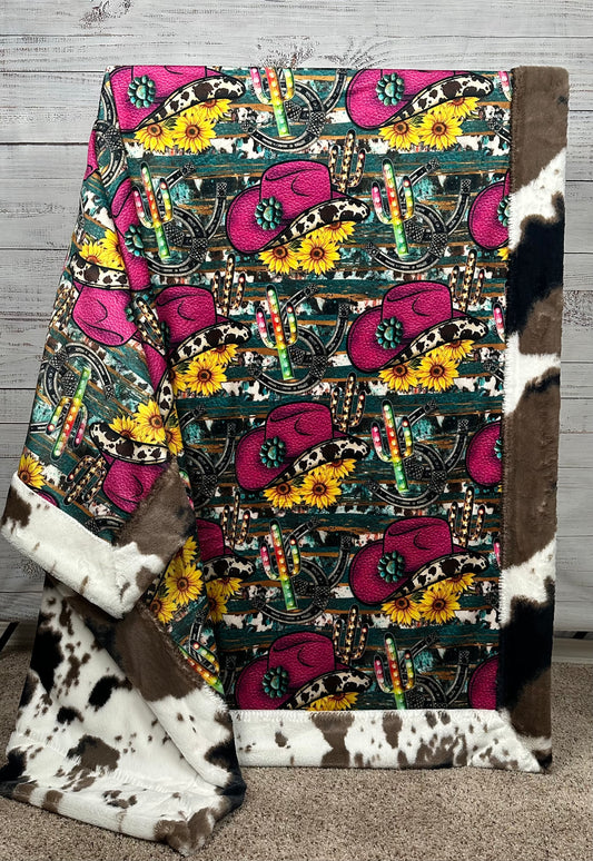 Cowgirl Pink Hat with Sunflower Cowhide on Pony Mudpie Luxe Large 55x79 Minky Blanket