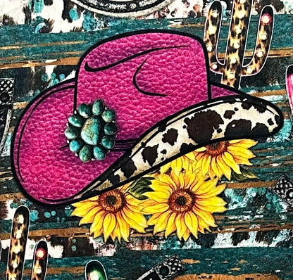 Cowgirl Pink Hat with Sunflower Cowhide on Pony Mudpie Luxe Large 55x79 Minky Blanket