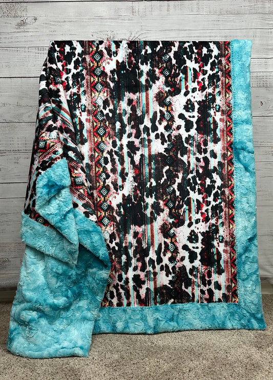 Aztec Cowhide Western on Aqua Luxe Large 54x79 Minky Blanket