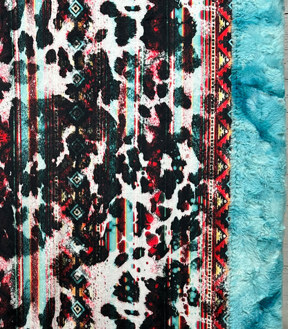 Aztec Cowhide Western on Aqua Luxe Large 54x79 Minky Blanket