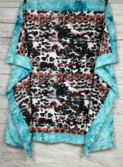 Aztec Cowhide Western on Aqua Luxe Large 54x79 Minky Blanket