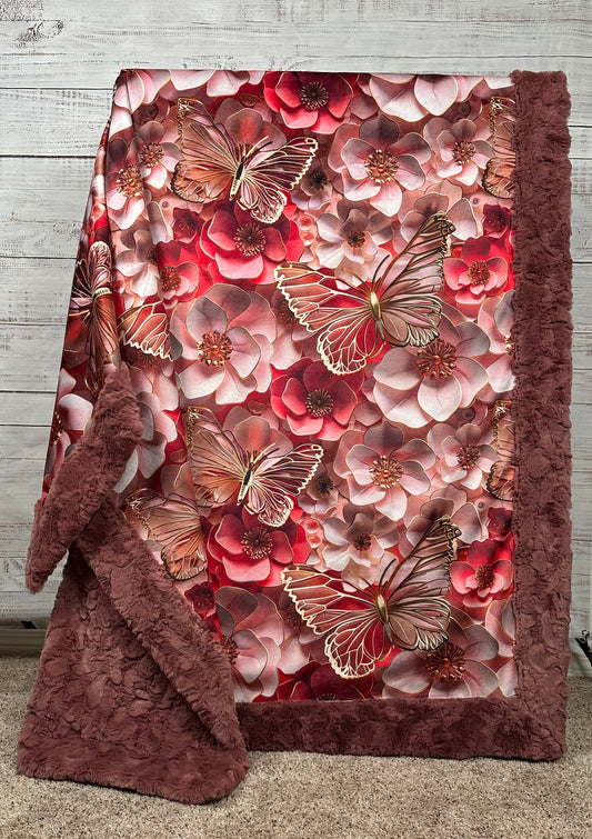 Golden Butterflies and Coral Flowers on Rose Luxe Large 53x79 Minky Blanket