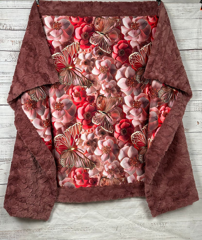 Golden Butterflies and Coral Flowers on Rose Luxe Large 53x79 Minky Blanket