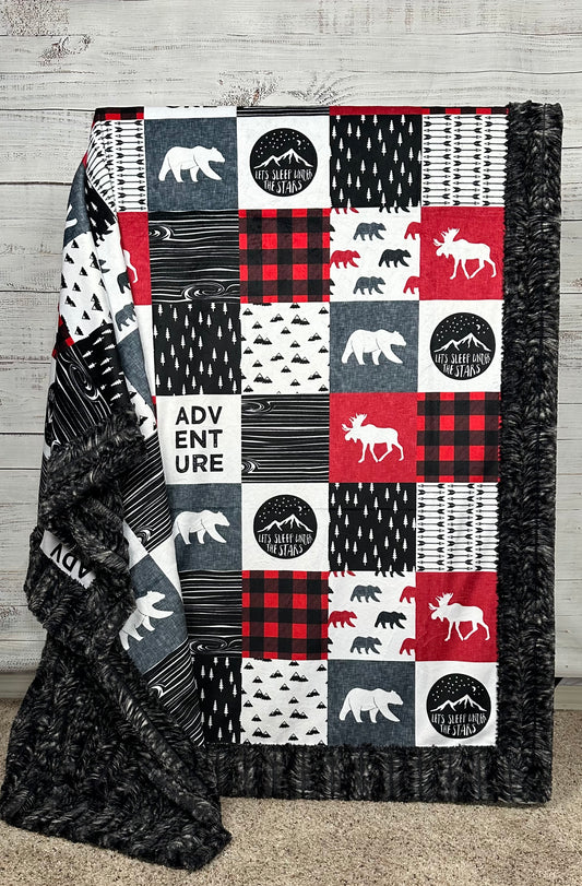 Let's Sleep Under the Stars Adventure, Red/Black/White Patchwork on Hawke Luxe Large 54x79 Minky Blanket