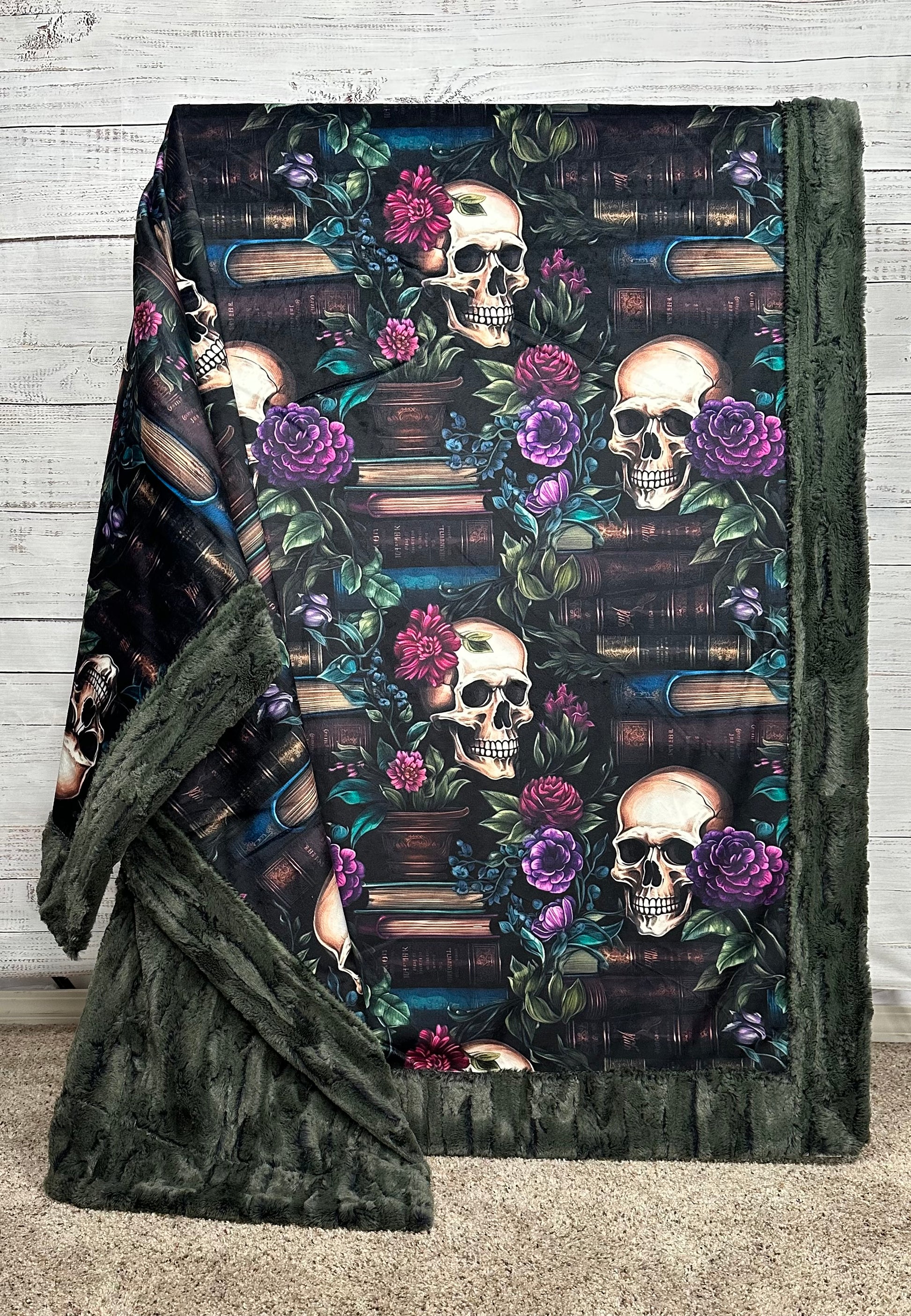 Books and Skulls on Camo Luxe Large 55x79 Minky Blanket
