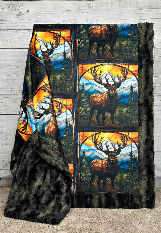 Stained Glass Elk on Green Luxe Large 55x79 Minky Blanket