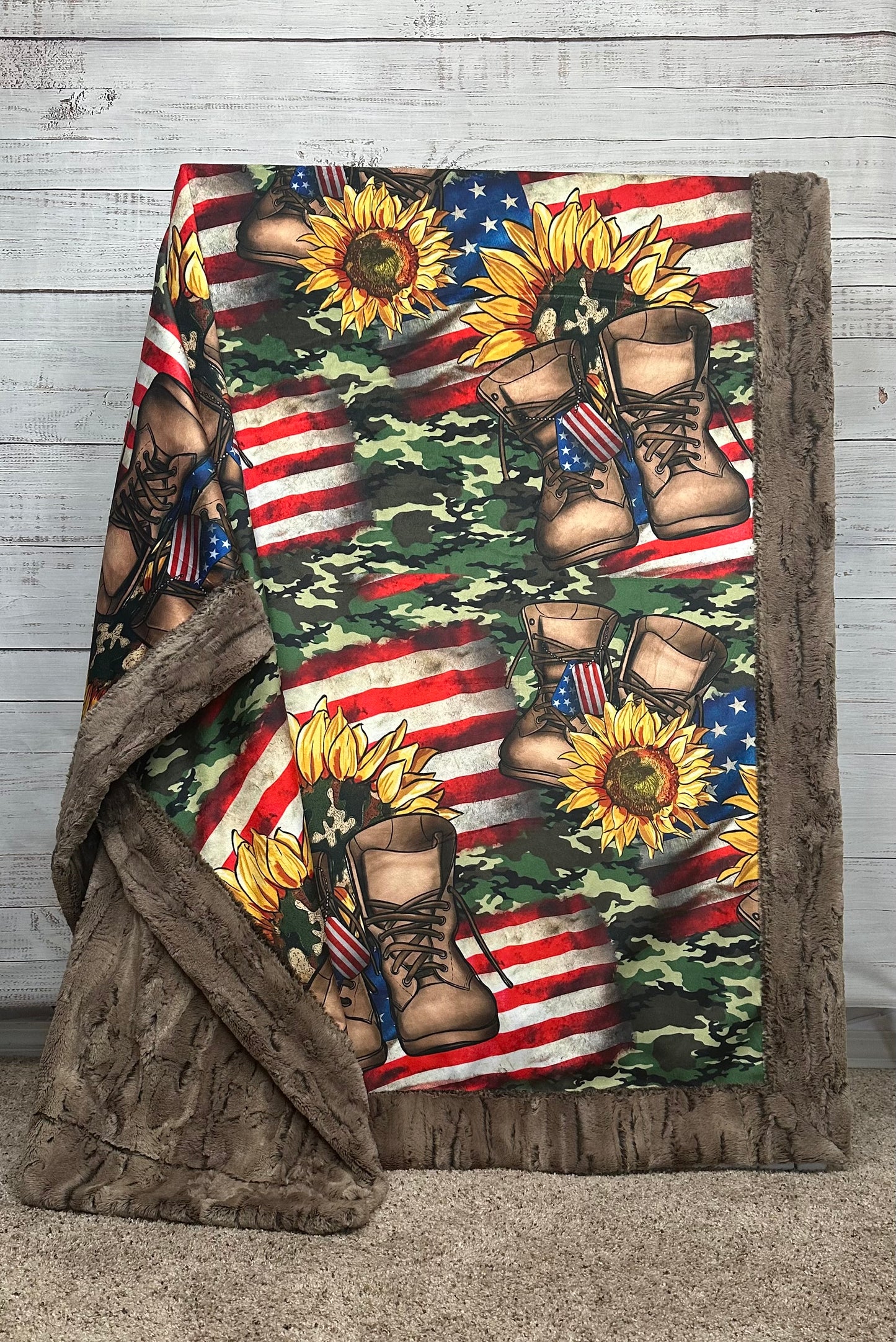 USA Flag With Army Boots on Chestnut Luxe Large 55x79 Minky Blanket