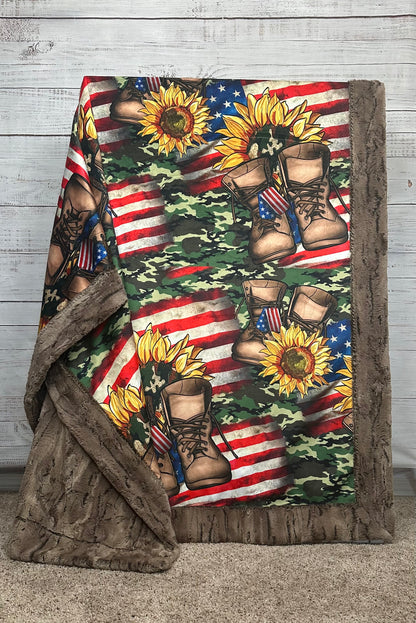 USA Flag With Army Boots on Chestnut Luxe Large 55x79 Minky Blanket