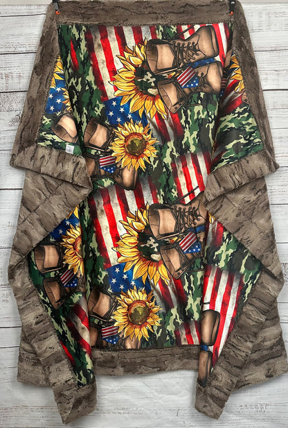 USA Flag With Army Boots on Chestnut Luxe Large 55x79 Minky Blanket