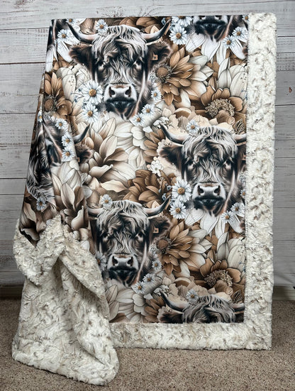Highland Cow on Snowy Owl Luxe Large 55x79 Minky Blanket