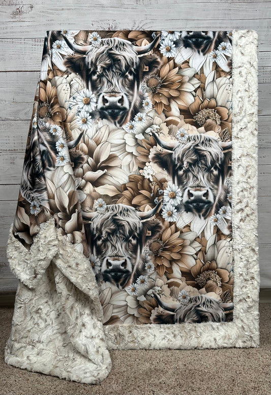Highland Cow on Snowy Owl Luxe Large 55x79 Minky Blanket