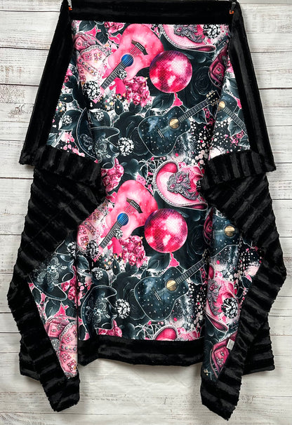 Cowgirl Pink Hat and Guitars on Black Luxe Large 55x79 Minky Blanket